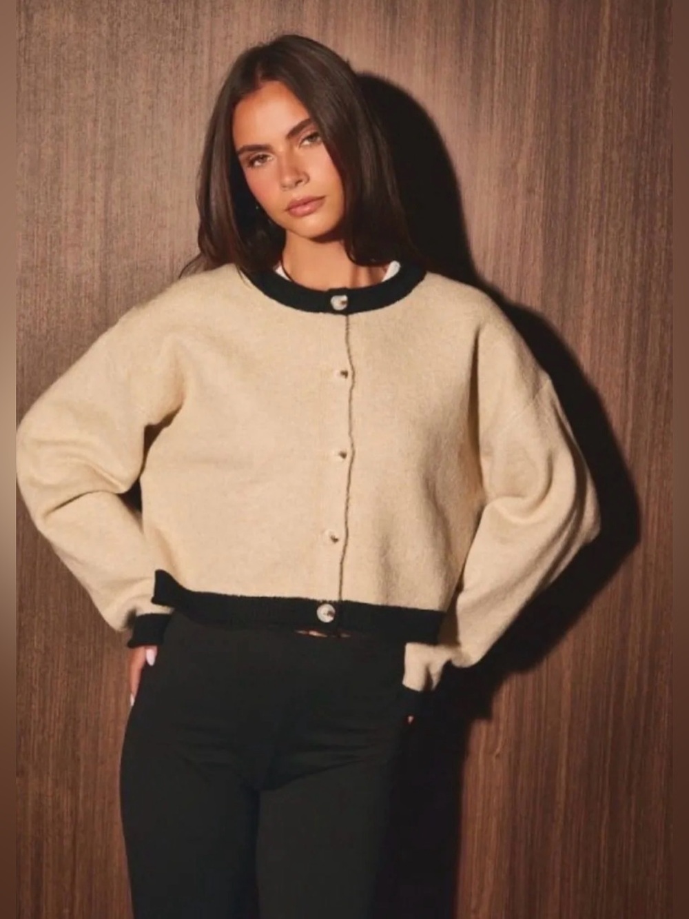 Cropped Cream Teddy sweater  with Black Trim